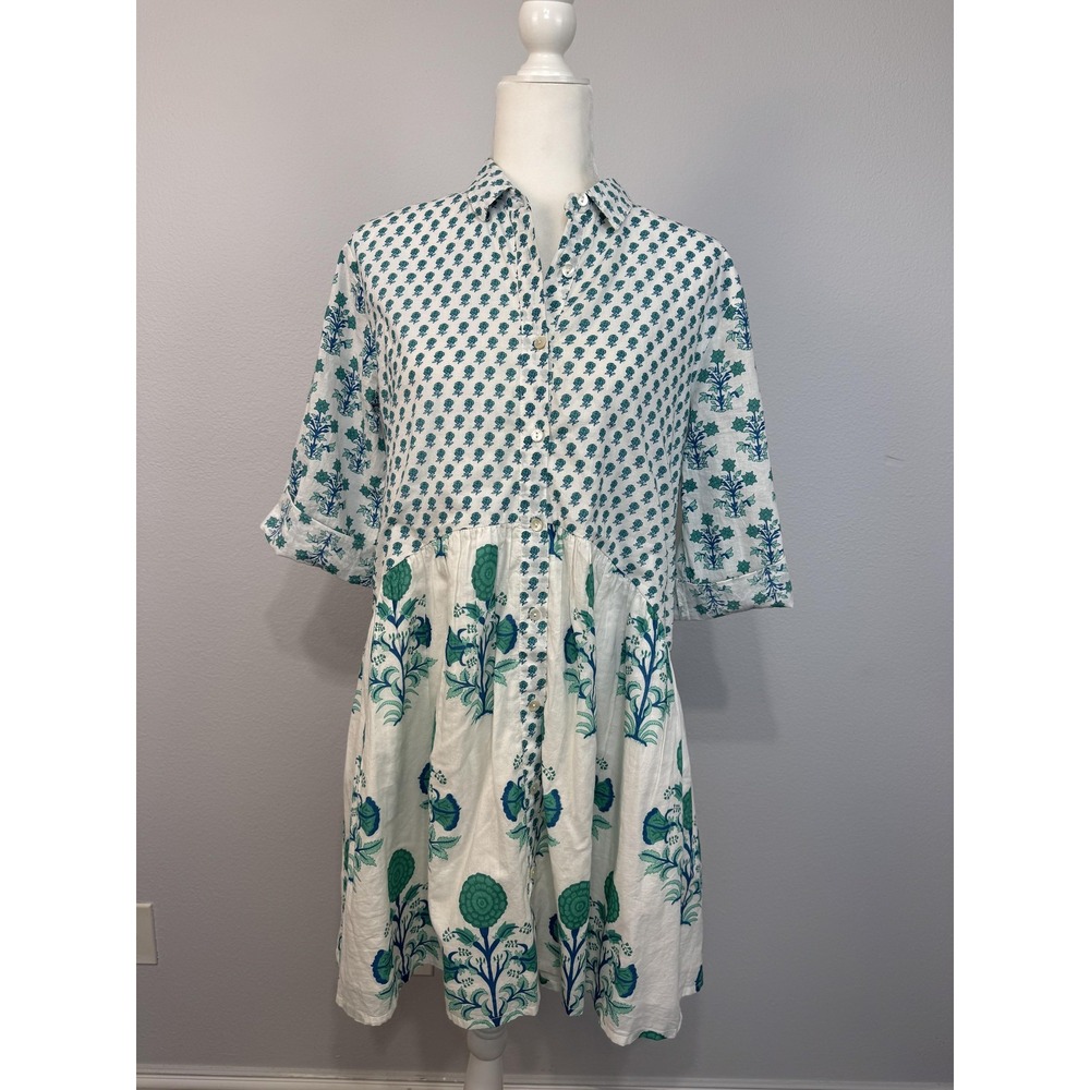 Ro's Garden Deauville Tyla Shirt Dress Women's Small White Green Floral Boho